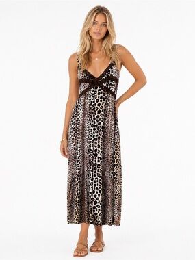 Vintage Linea Donatella Leopard Lace Trim Maxi Dress Y2K Boho Animal Print Slip